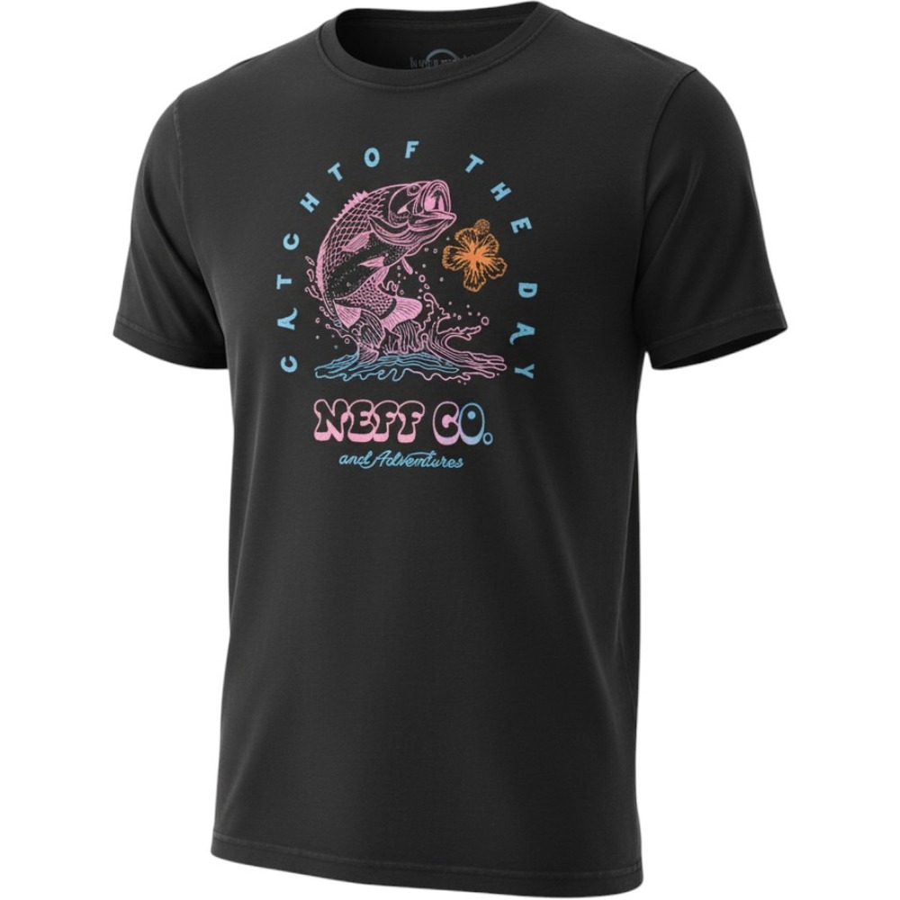 Neff‎ Co Catch of the Day Graphic T-Shirt Mens Large Black Fishing Bass Hibiscus